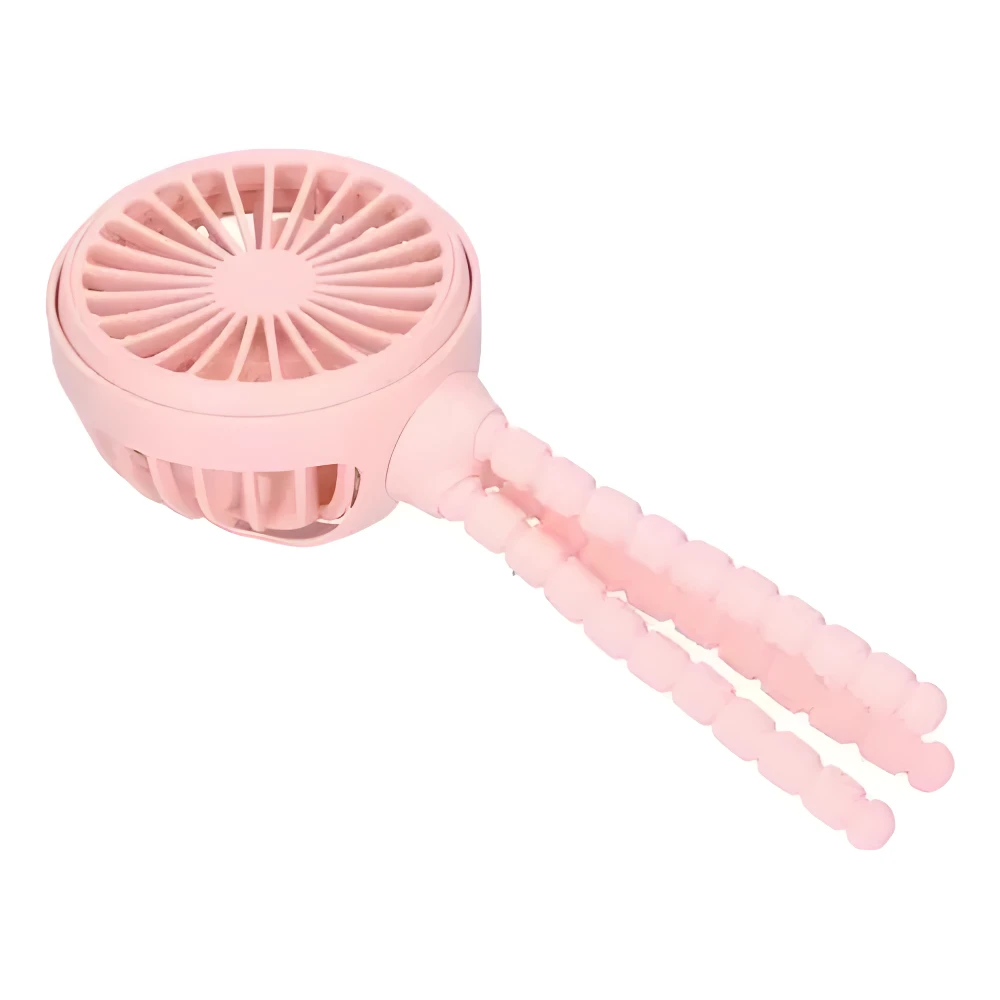 Mini ventilador USB rosa con brazos flexibles tipo pulpo, ideal para escritorio o coche.