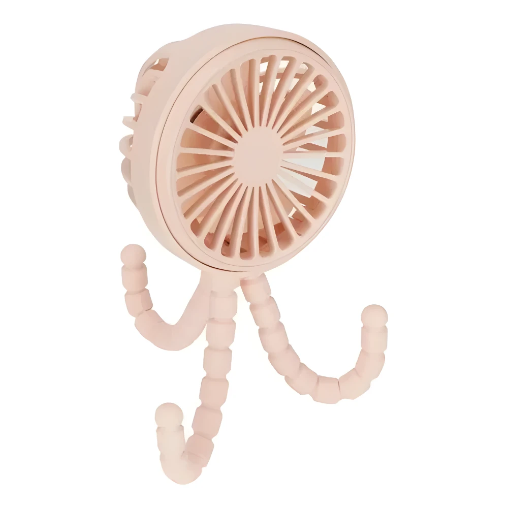 Mini ventilador USB rosa pálido con diseño flexible y tres soportes, ideal para escritorio y coche.