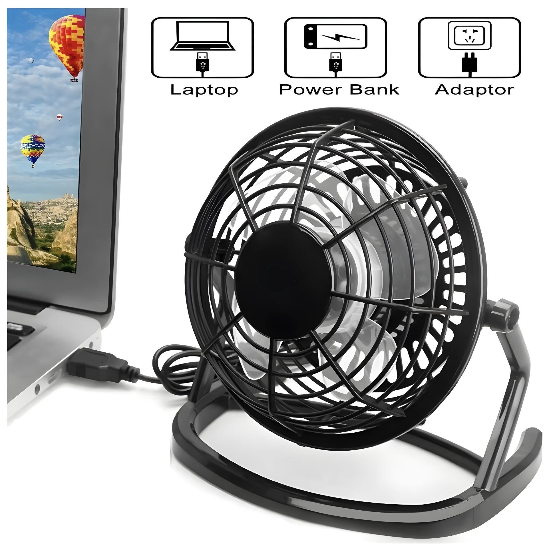 Mini ventilador USB negro, silencioso y ajustable 360º, conectado a laptop.
