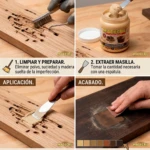 Guía de aplicación de Masilla Madecril para madera: limpiar, extraer, rellenar imperfecciones y lijar el acabado.