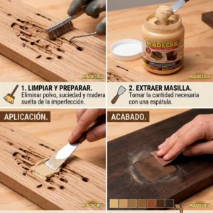 Guía de aplicación de Masilla Madecril para madera: limpiar, extraer, rellenar imperfecciones y lijar el acabado.