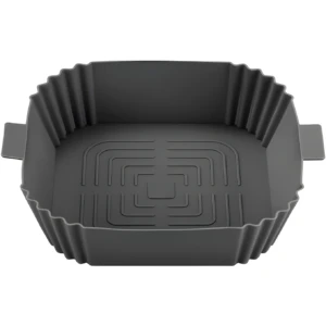 Molde cuadrado de silicona gris para freidora de aire con diseño acanalado y base texturizada.