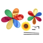 Molinos de viento coloridos en forma de girasol para decorar jardines y exteriores.