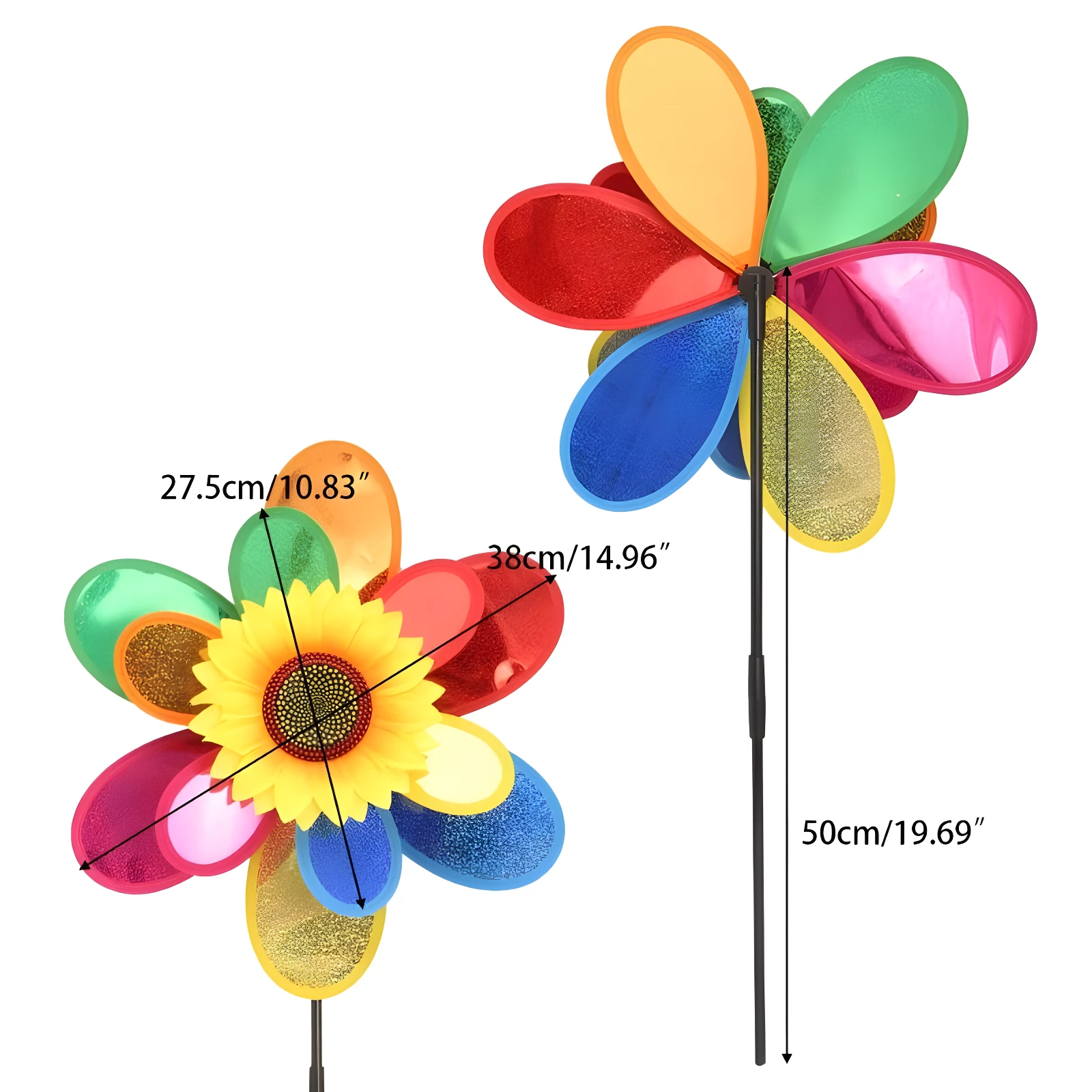 Molinos de viento girasol multicolor para jardín, 27.5cm diámetro, 50cm alto.