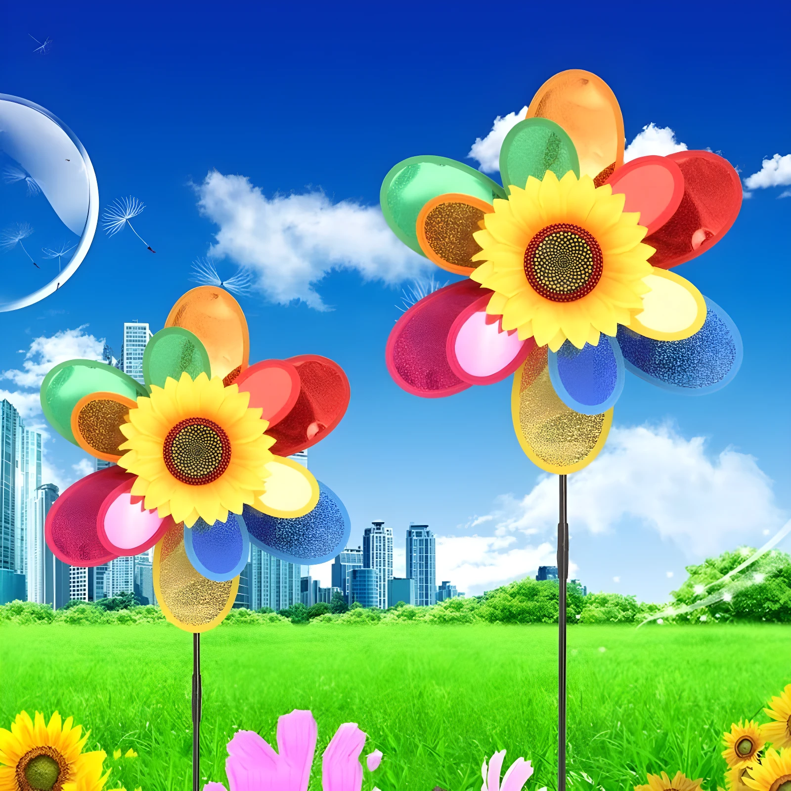 Dos molinos de viento girasol para jardín, con pétalos coloridos brillantes, sobre césped verde y ciudad de fondo.