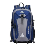Morral de viaje azul y gris con logo "Hongding" y texto "Alaska 40L" vertical en costado.