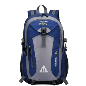 Morral de viaje azul y gris con logo "Hongding" y texto "Alaska 40L" vertical en costado.