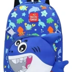 Morral azul infantil 2 en 1 con diseño de tiburón sonriente y estampado marino.