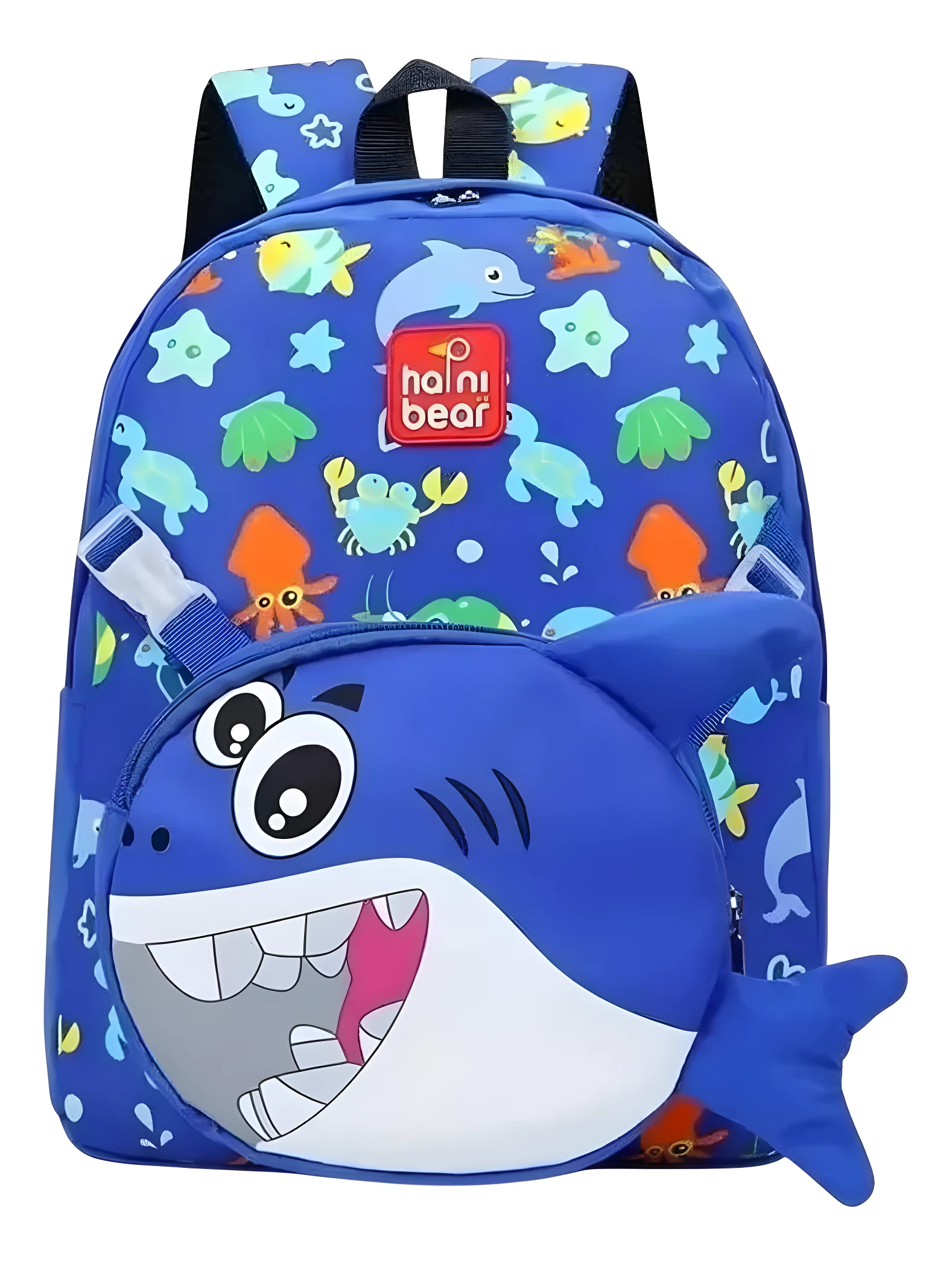 Morral azul infantil 2 en 1 con diseño de tiburón sonriente y estampado marino.
