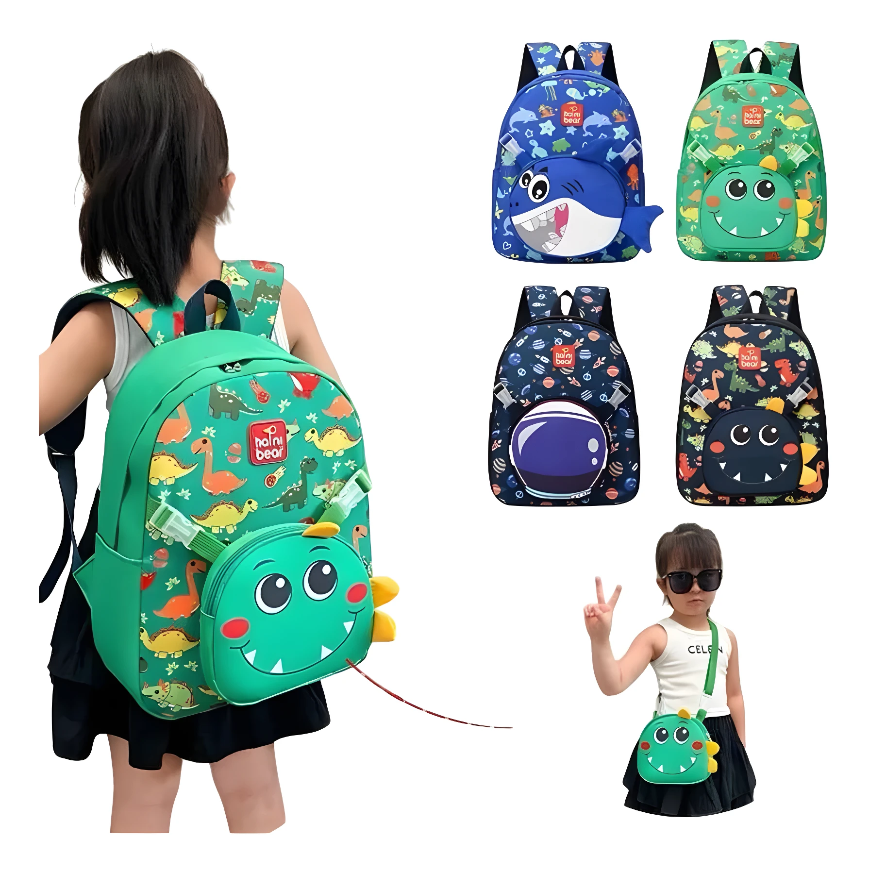 Morral verde dinosaurio con lonchera frontal para niños, divertido diseño 2 en 1.