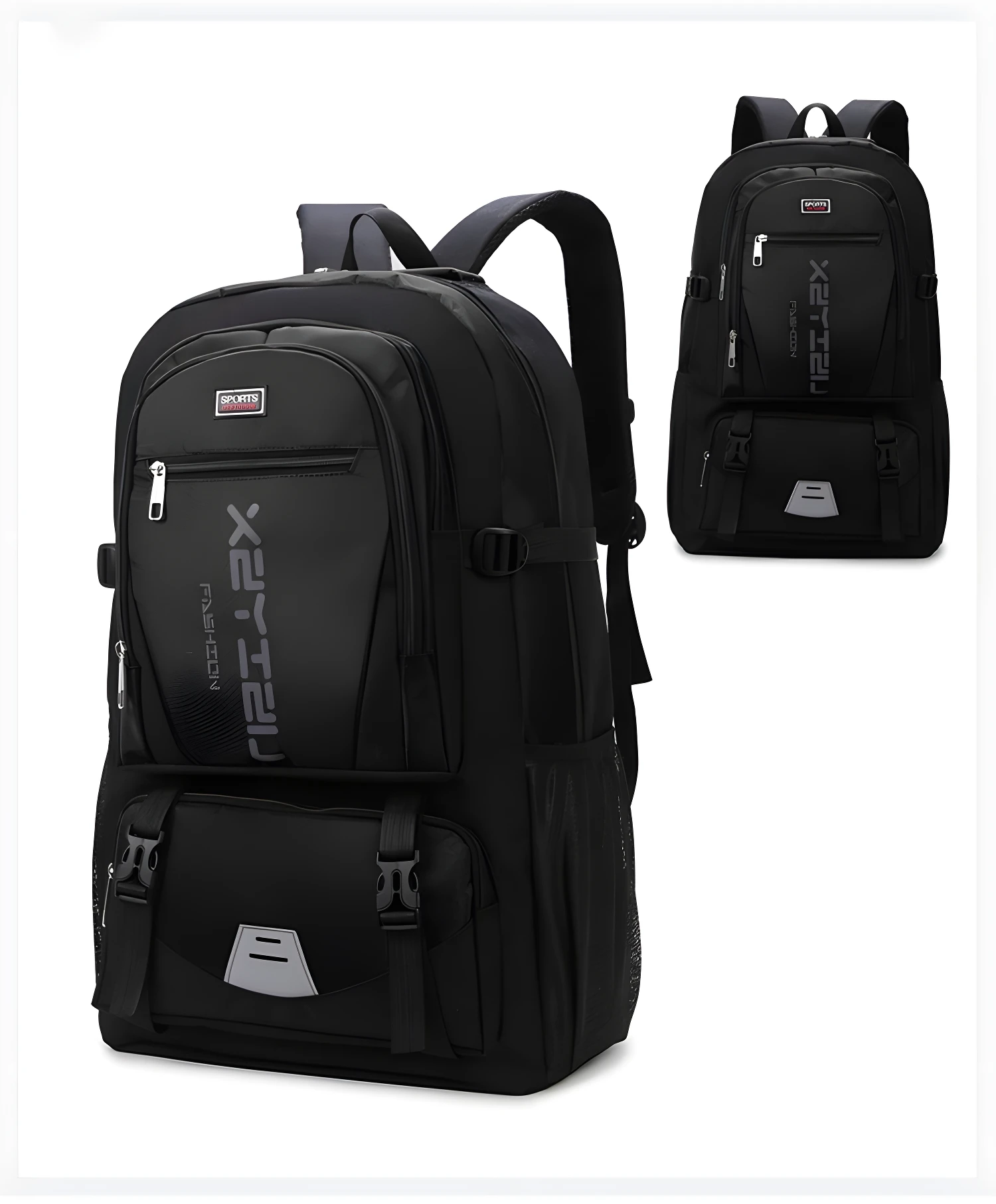 Mochila negra deportiva con logo "SPORTS" en frontal, compartimento amplio, bolsillos frontales y correas ajustables.