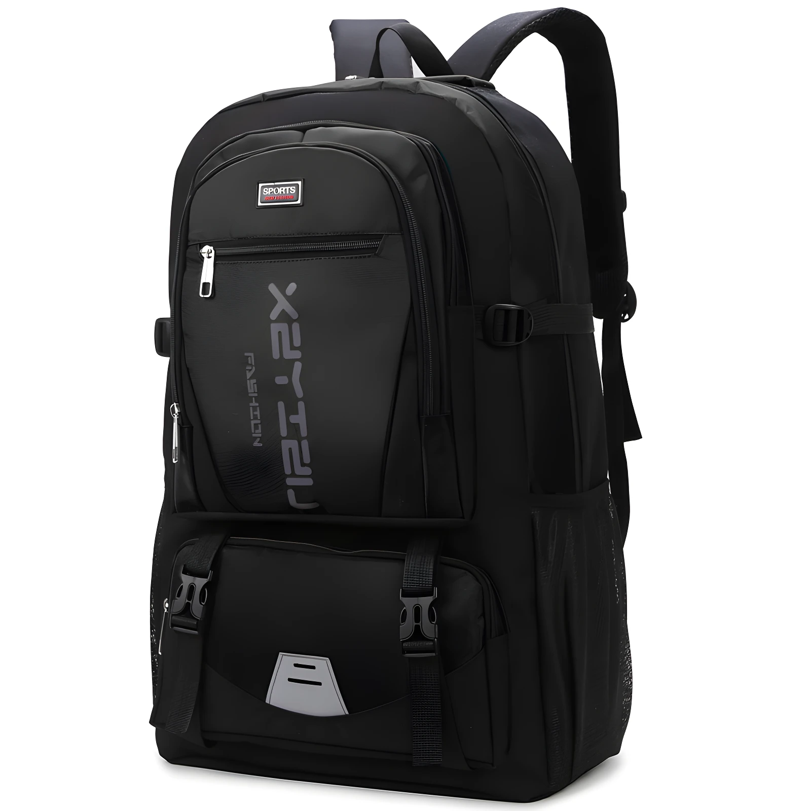 Mochila negra para hombre, diseño moderno con logo plateado, compartimentos y correas ajustables.