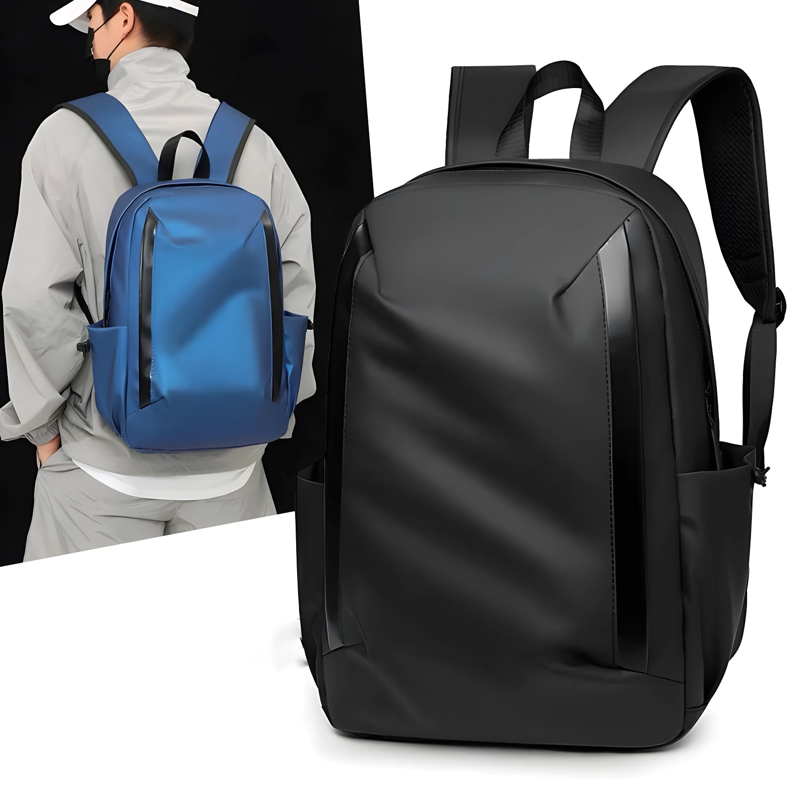 Morral Hh01 negro mate, diseño moderno con bolsillos laterales, se muestra en uso y solo.