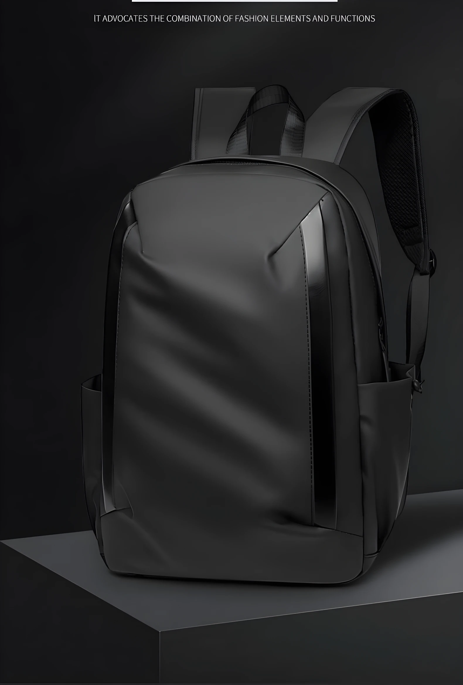 Morral negro minimalista Hh01, diseño moderno y funcional, sobre base gris.
