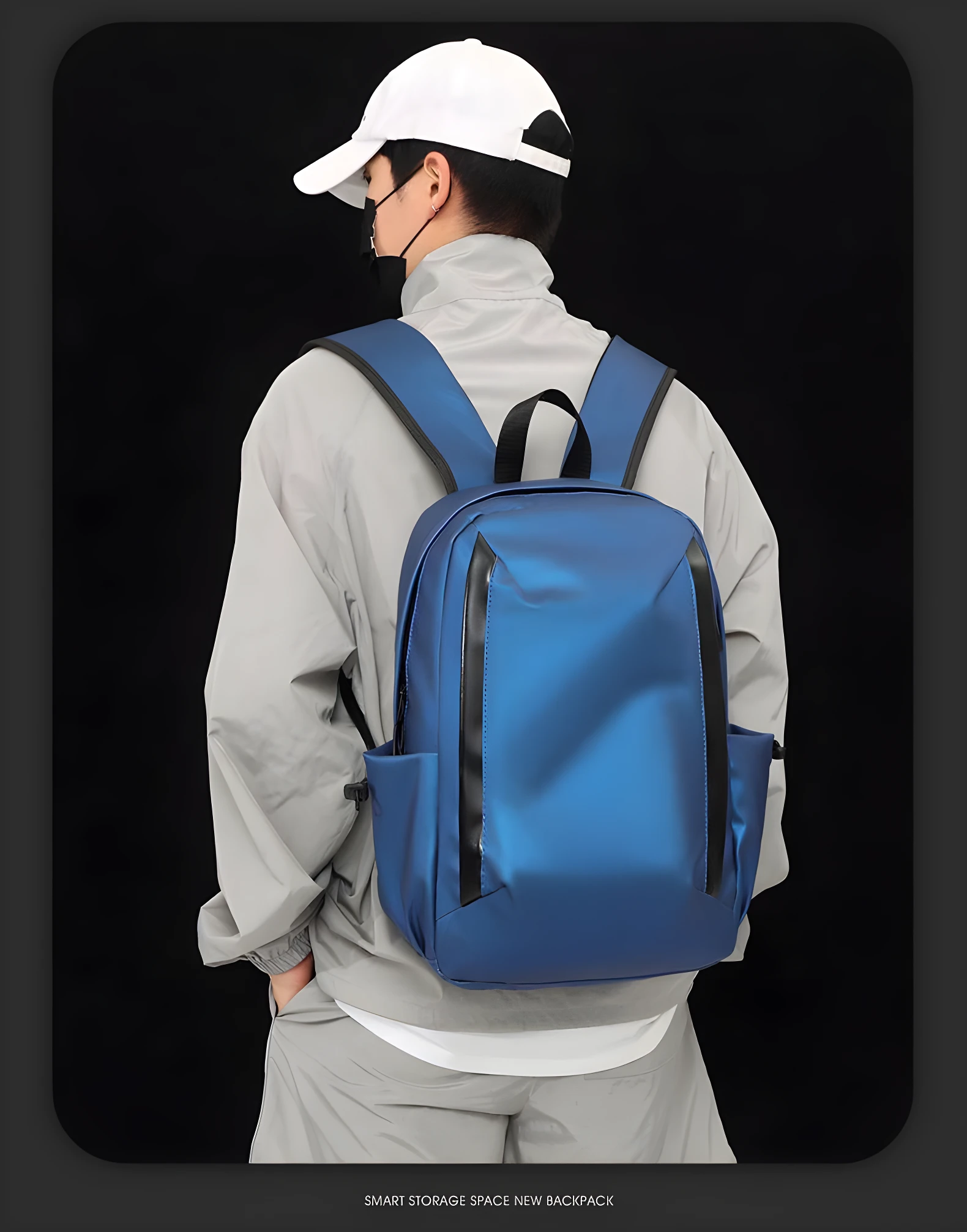Morral azul brillante para hombre, diseño moderno con compartimentos laterales, ideal para uso diario.