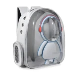 Morral transparente para mascotas con diseño de astronauta, blanco y gris, ideal para perros y gatos.