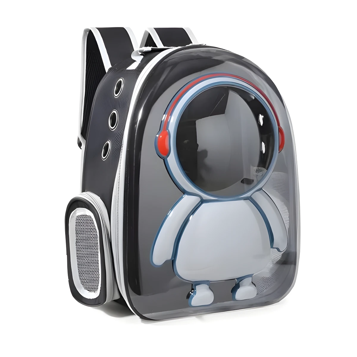 Morral para mascotas transparente con diseño de astronauta, ideal para perros y gatos, con ventilación.