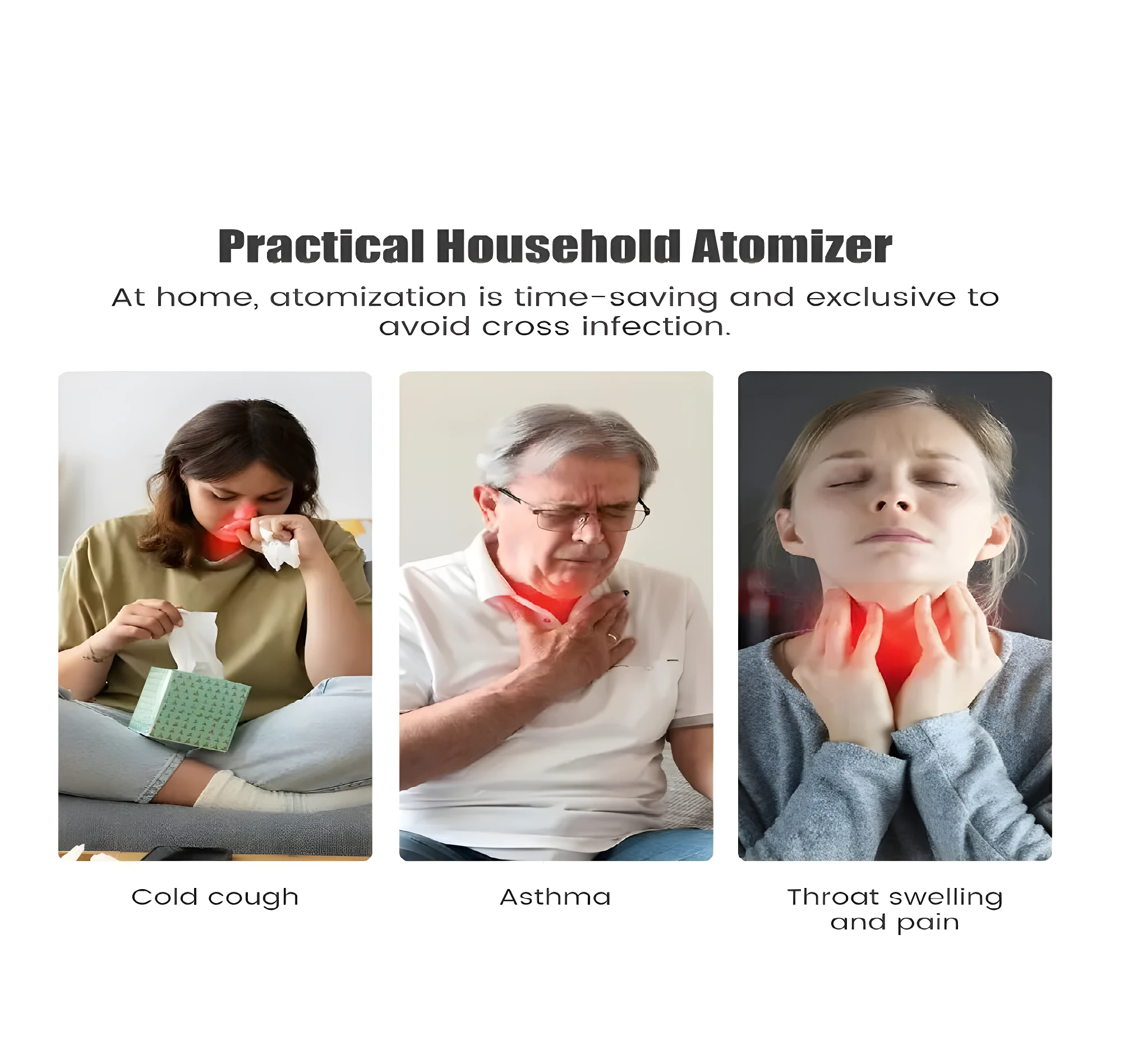 Nebulizador portátil trata tos, asma y dolor de garganta en adultos y niños, ideal para uso doméstico.