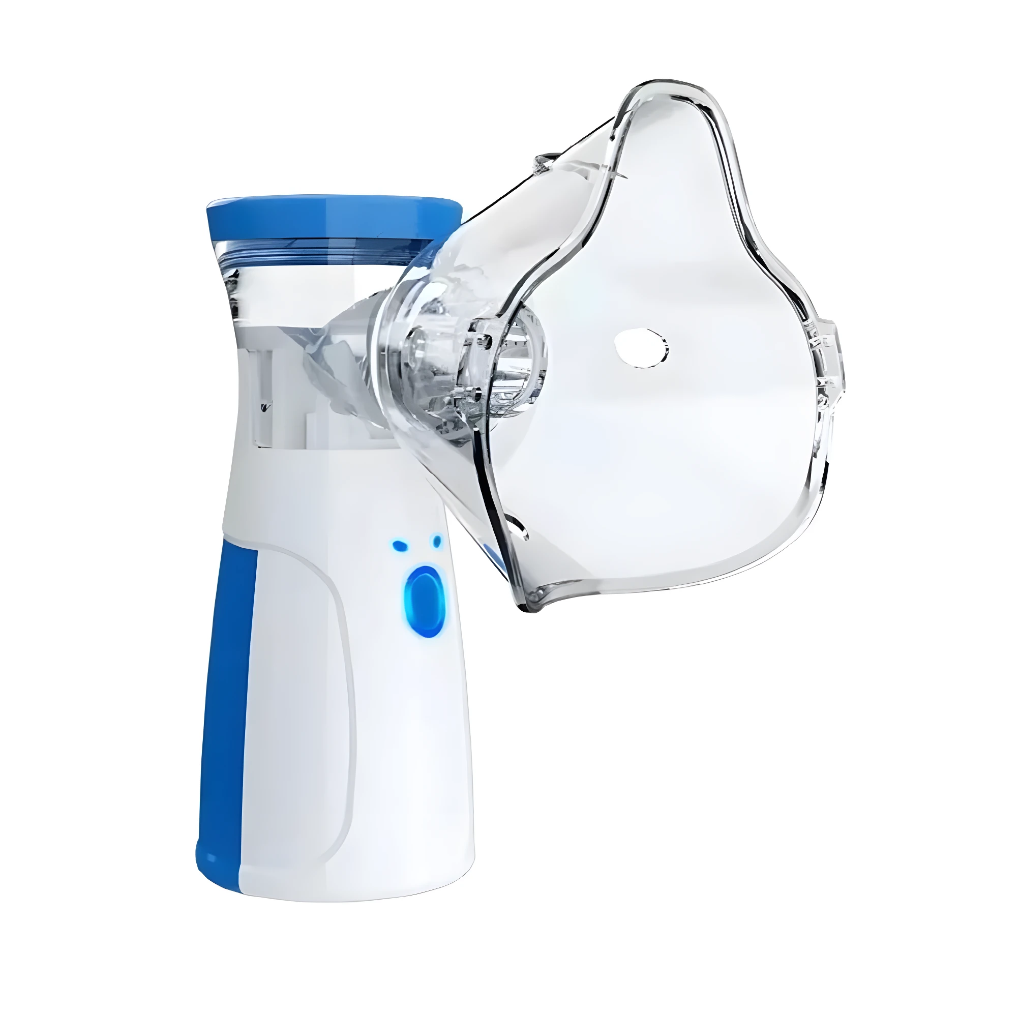 Nebulizador portátil ultrasónico mesh blanco y azul con mascarilla transparente para tratamiento respiratorio.