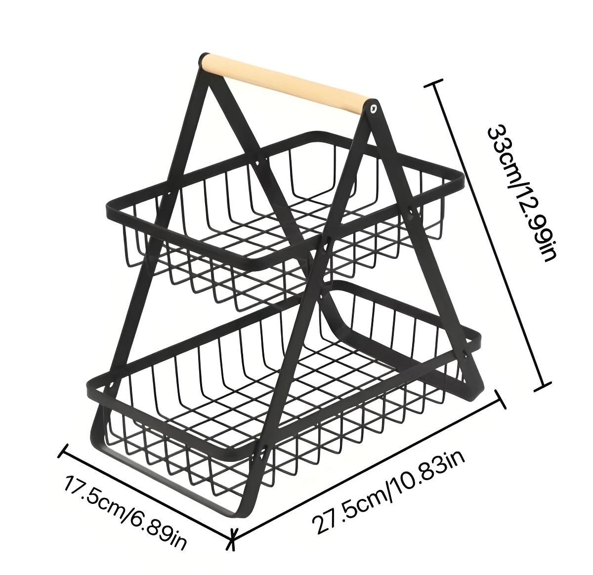 Cesta frutero de dos niveles, metal negro rejillado, con asa de madera. Medidas: 33cm alto x 27.5cm largo x 17.5cm ancho.