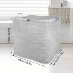Contenedor organizador gris de tela con textura de espiga, 48x44cm, con tapa y asas.