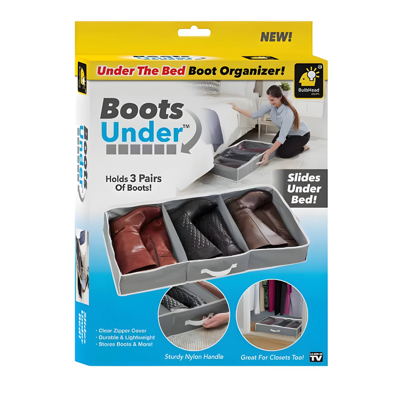 Organizador bajo cama gris para 3 pares de botas, con compartimentos y tapa transparente, ideal para almacenamiento estacional.