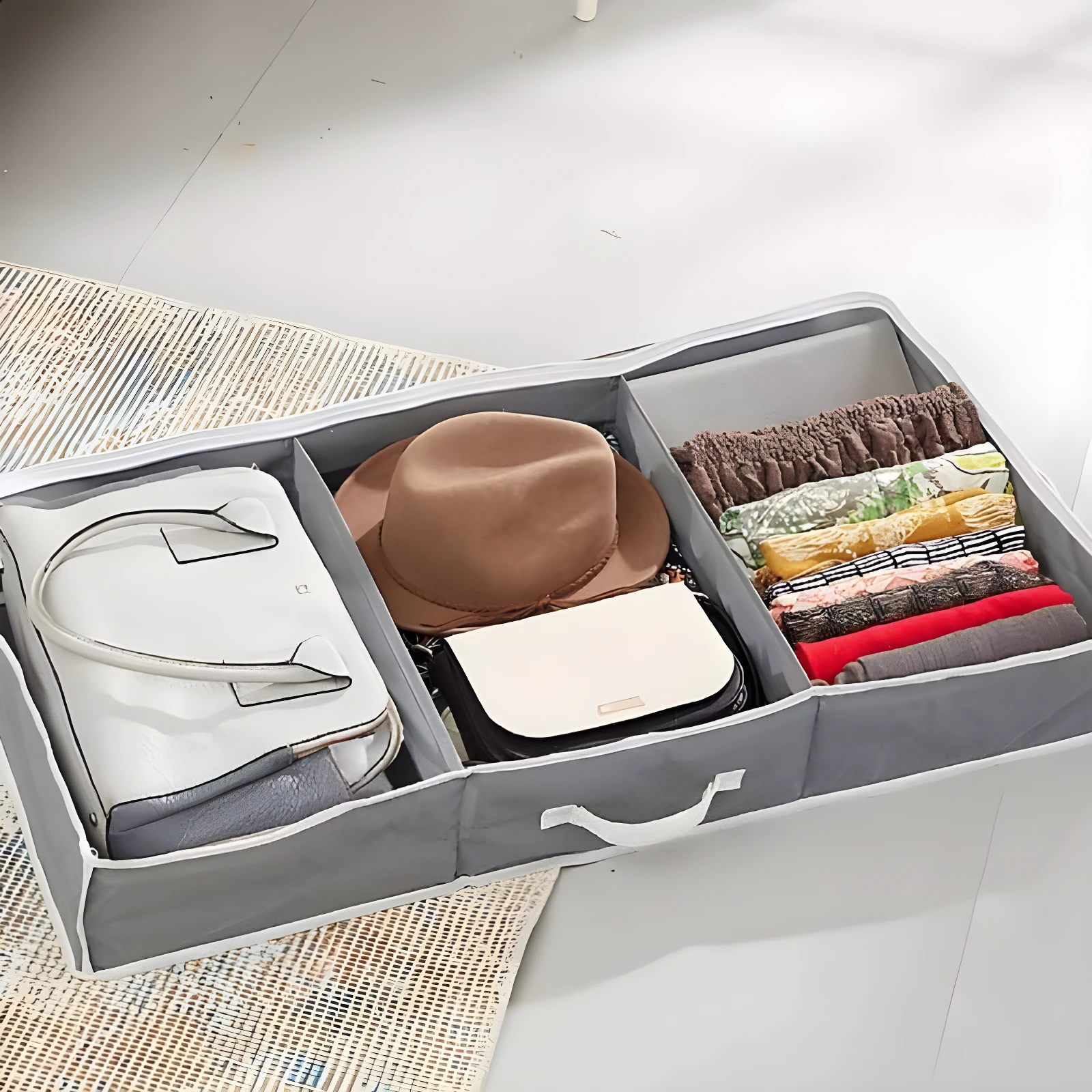 Organizador plano gris bajo cama con compartimentos, guarda sombreros, bolsos y ropa doblada.