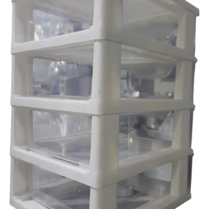 Organizador de escritorio blanco con 4 cajones transparentes para oficina, joyas o cosméticos.