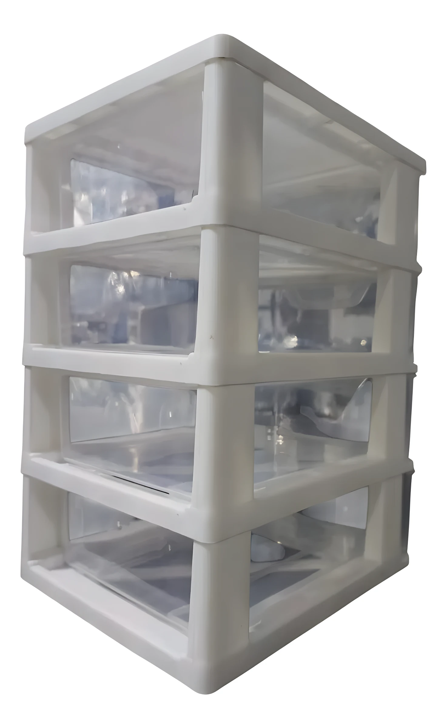 Organizador de escritorio blanco con 4 cajones transparentes para oficina, joyas o cosméticos.