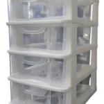 Organizador de escritorio transparente con 4 cajones, ideal para oficina, joyas y cosméticos.
