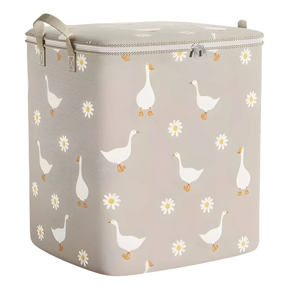 Canasta organizadora de ropa gris clara, cuadrada, plegable, con tapa de cremallera y estampado de gansos blancos y margaritas.