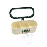 Organizador de cocina color crema y verde con tapa, tres compartimentos y tres cucharillas blancas.