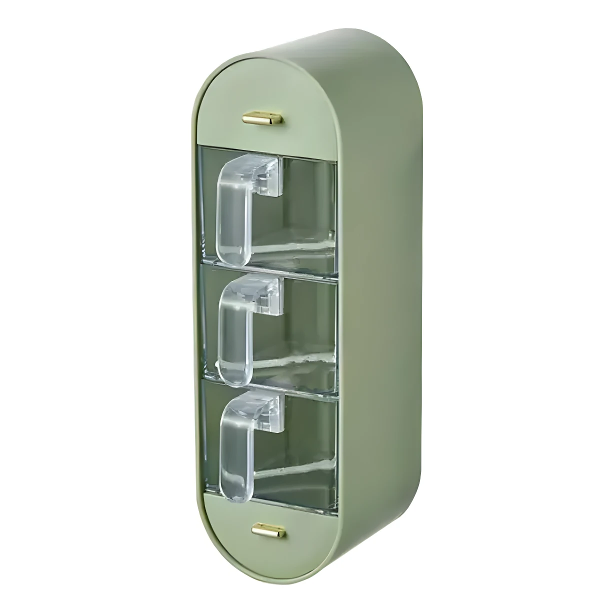 Organizador de condimentos verde, montado en pared, con tres cajones transparentes y tiradores dorados.