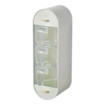 Organizador de condimentos blanco de 3 cajones con dispensador de especias y tiradores dorados.