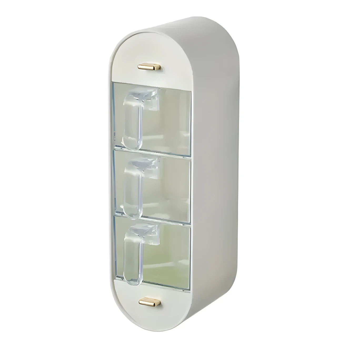 Organizador de condimentos blanco de 3 cajones con dispensador de especias y tiradores dorados.