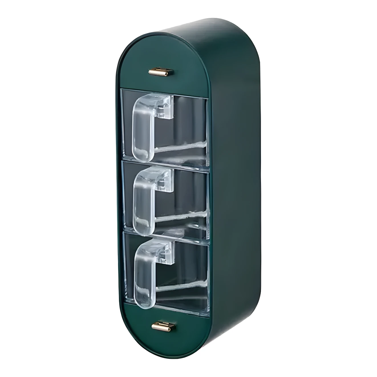 Organizador de especias verde oscuro de 3 cajones transparentes, con tiradores dorados, para pared.