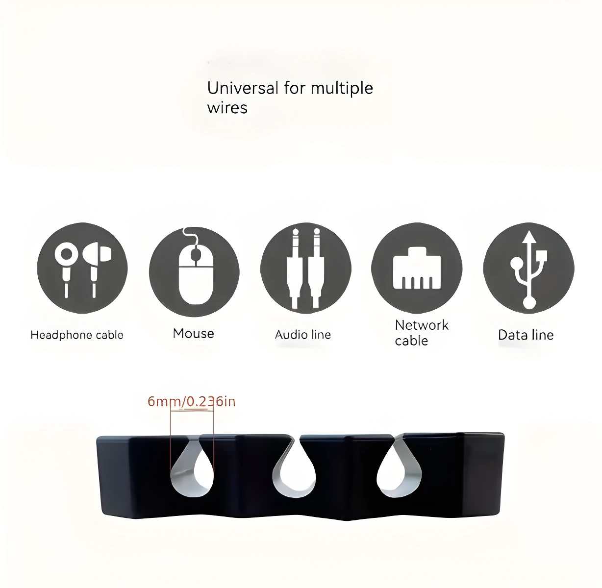 Organizador de cables negro con ranuras para audífonos, mouse, audio, red y datos. Espacio para cables de 6mm/0.236in.