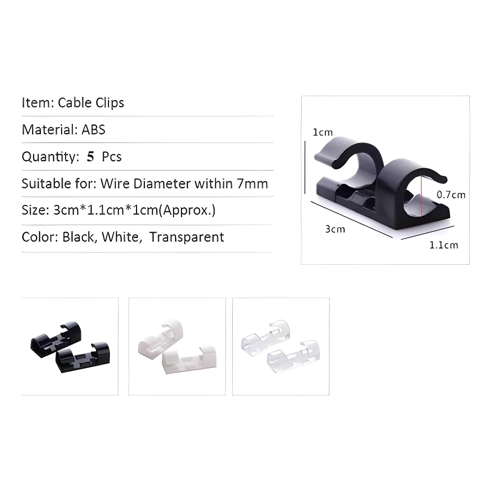Set x2 clips organizadores de cables en negro, blanco y transparente. ABS, 3x1.1x1cm.