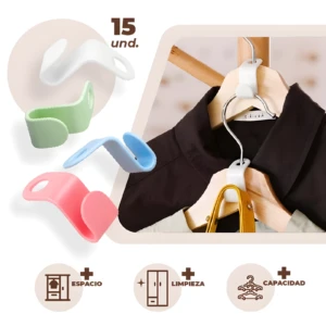 Perchas de plástico para colgar ropa en cascada. Incluye 15 unidades en colores blanco, verde, azul y rosa.