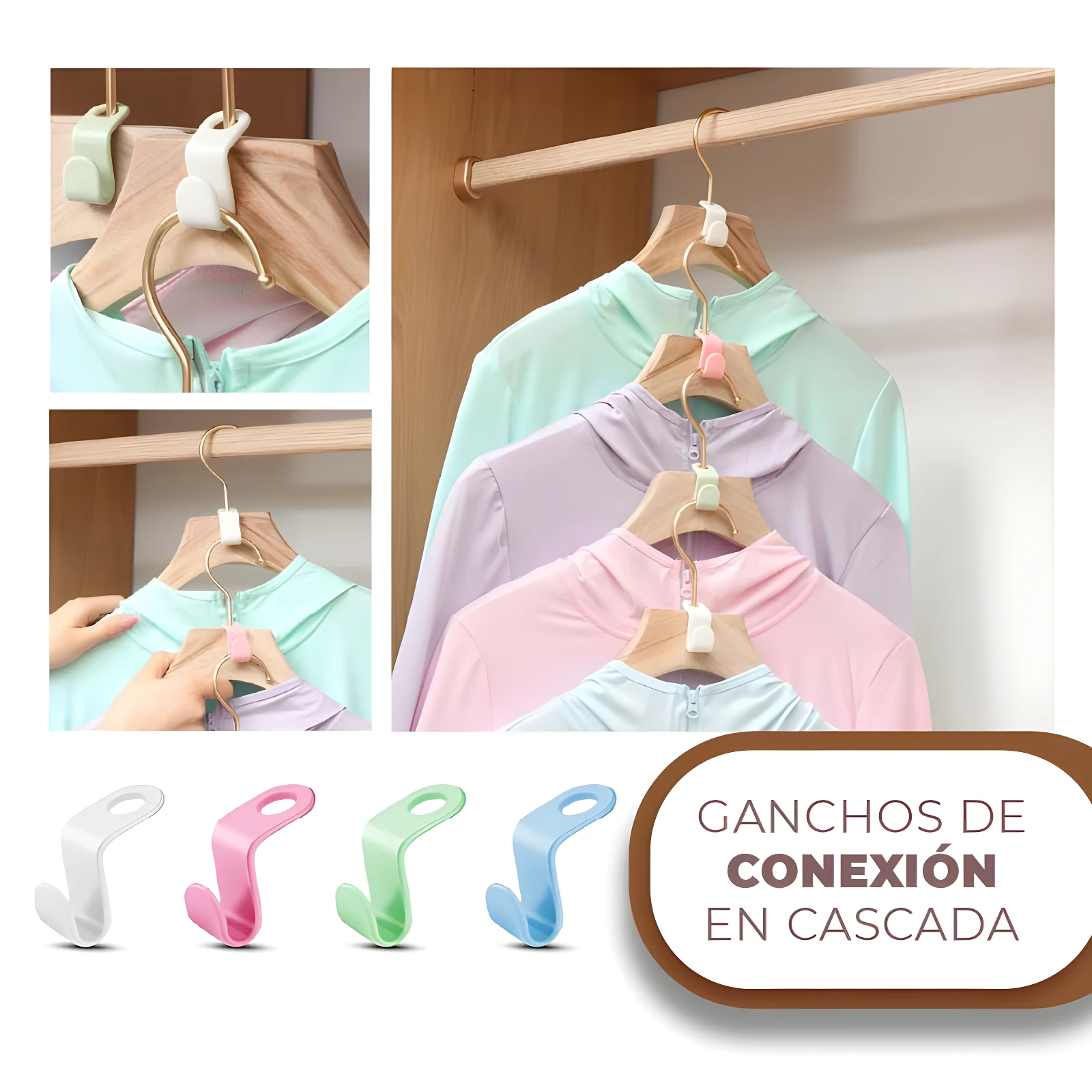 Perchas de conexión en cascada de colores pastel (blanco, rosa, verde, azul) para organizar ropa verticalmente en armarios.