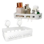 Estante organizador de ducha blanco adhesivo con varios productos de cuidado personal, ideal para maximizar espacio.