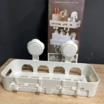 Estante organizador blanco para ducha, de plástico resistente con ventosas, ideal para organizar accesorios.