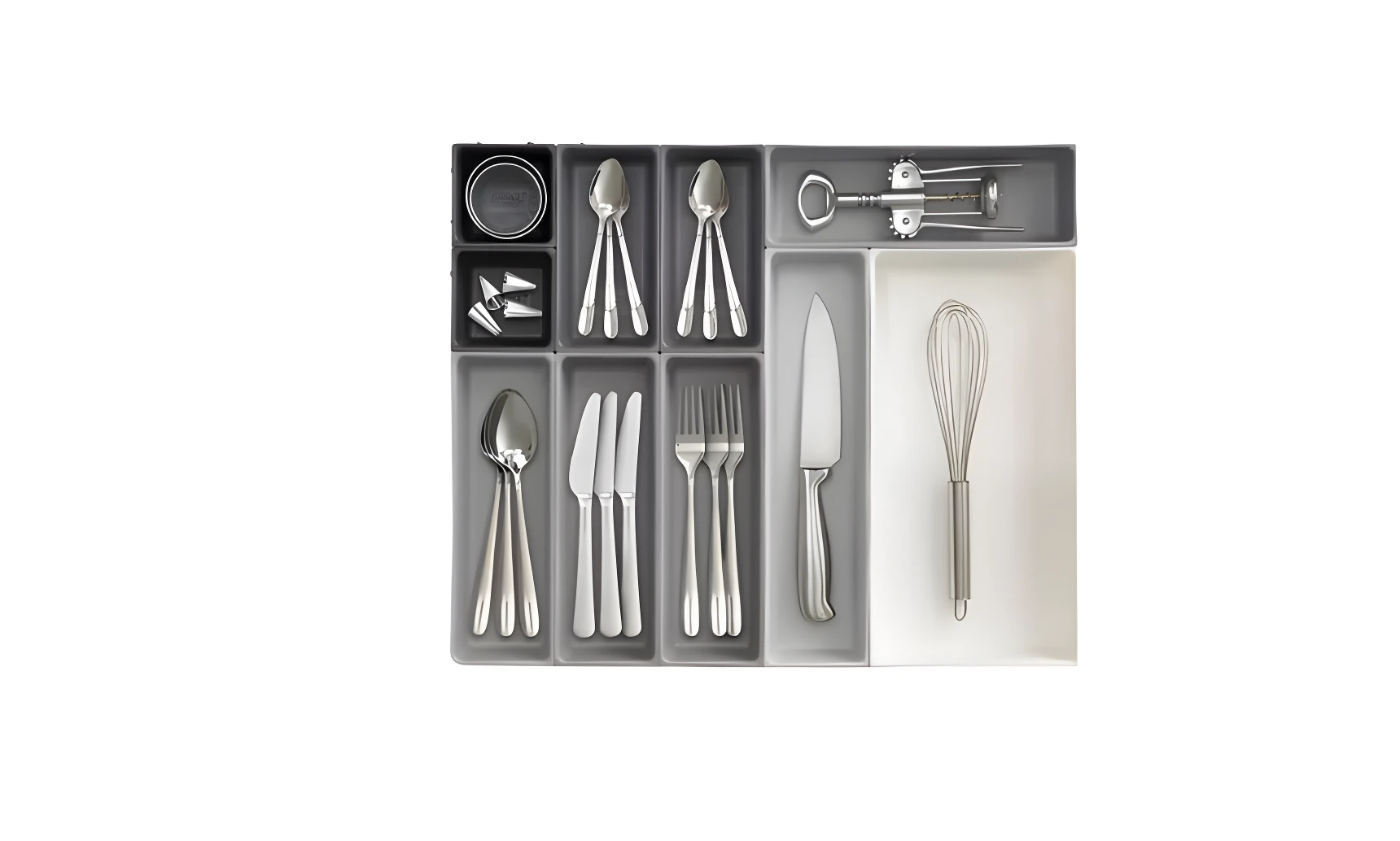 Organizador de cubiertos de cocina, con cucharas, tenedores, cuchillos, batidor y sacacorchos.