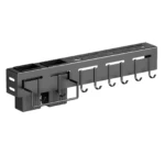 Organizador de cocina negro para cuchillos y utensilios, con ganchos colgadores para trapos.
