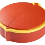 Organizador de frutas en forma de manzana, rojo y amarillo, con 4 compartimentos.