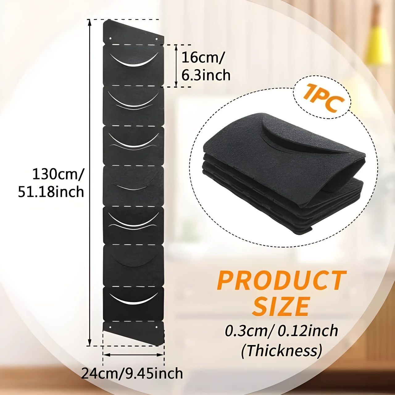 Organizador colgante de fieltro negro para gorras, muestra 7 compartimentos y medidas. Incluye detalle de 1 unidad.