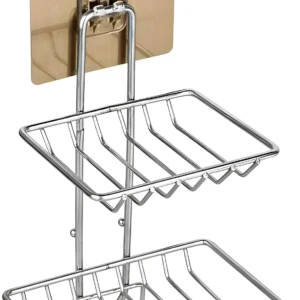 Jabonera de pared adhesiva de dos niveles en cromo, ideal para organizar y mantener secos los jabones en la ducha.