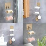 Jabonera doble adhesiva plateada para ducha con jabones y cepillos colgando.