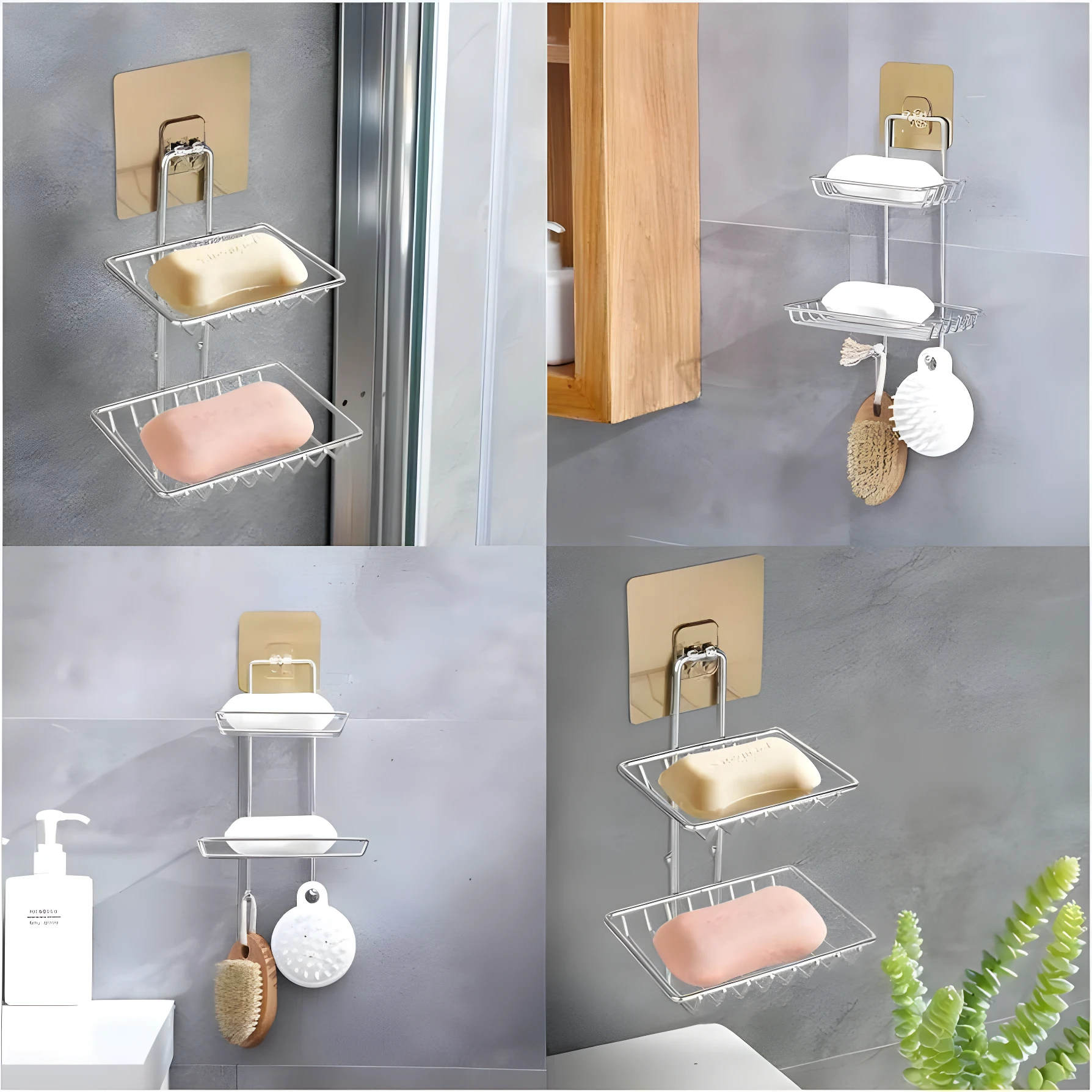 Jabonera doble adhesiva plateada para ducha con jabones y cepillos colgando.