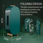 Organizador de joyas plegable color verde esmeralda, tres secciones, con espejo, dimensiones 9.3 x 4.5 x 2.6 pulgadas.